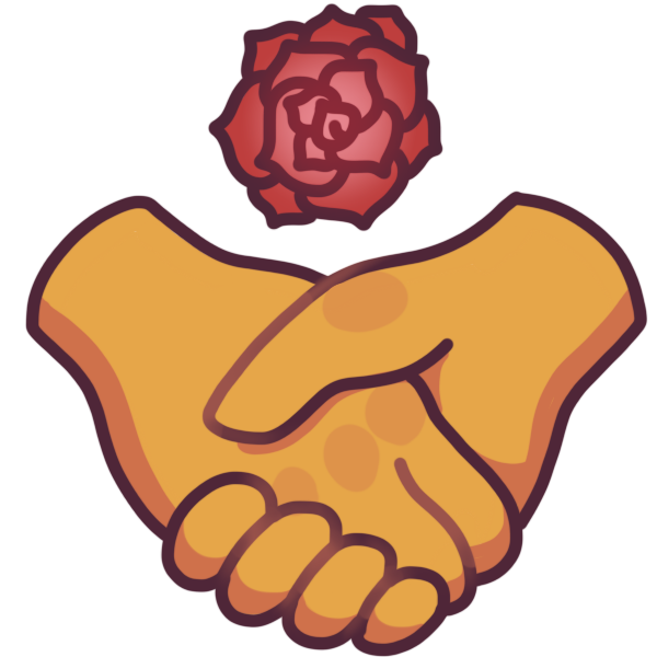 two clasped hands with a red rose above them.